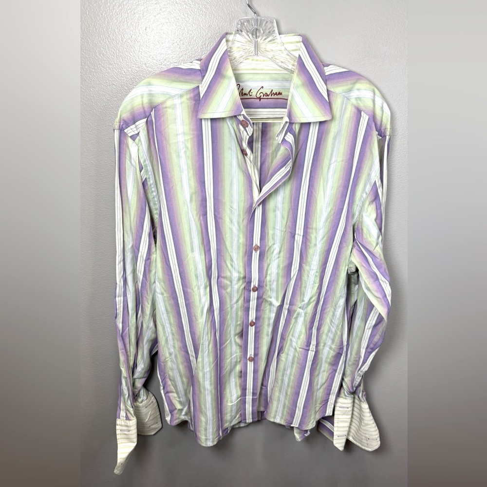 Robert Graham Men's Striped Button Down Flip Cuff Shirt Purple/Green Size Large